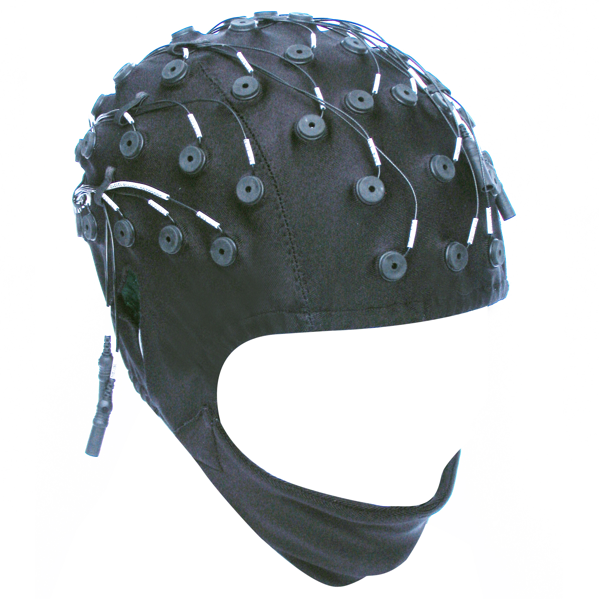 EEG cap placed on a participant, showing electrode positions over the scalp.